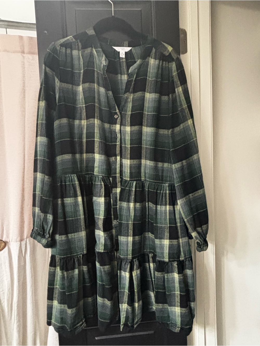 Time and Tru Green and Black Plaid Tiered Long-Sleeve Dress